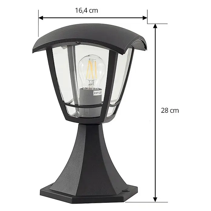 Lindby Außensockelleuchte Isidoro - 16,4 x 16,4 x 28 cm - Schwarze Außenleuchte mit klaren Glaspaneelen und E27 LED-Birne. Breite 16,4 cm, Höhe 28 cm.