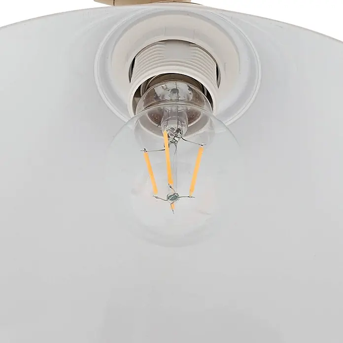 Lindby Stehleuchte Triangolo - Höhe: 195 cm, creme / amber, creme / amber, E27 - Klare LED-Filament-Glühbirne in einer weißen Lampenfassung in einem weißen Metallschirm.
