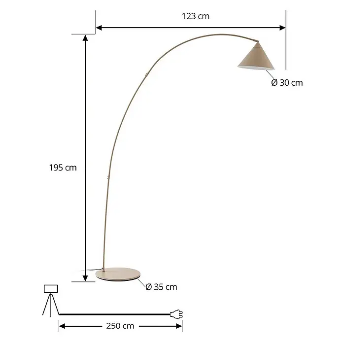 Lindby Stehleuchte Triangolo - Höhe: 195 cm, creme / amber, creme / amber, E27 - Beigefarbene Bogenstehlampe mit konischem Schirm, rundem Fuß und schwarzem Netzkabel.