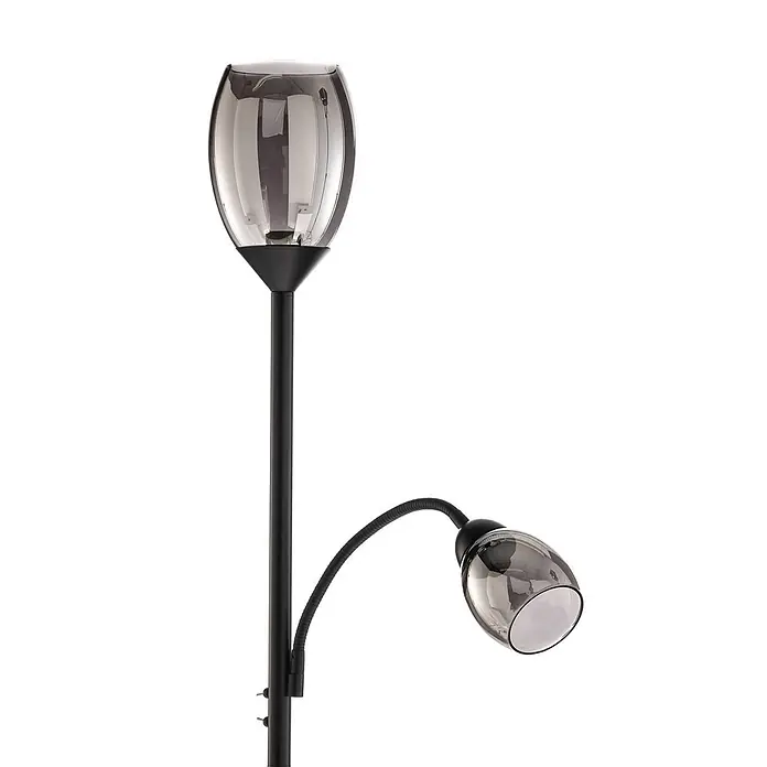 Lindby Stehleuchte Irmino - schwarz, schwarz, E27 - Schwarze Stehlampe mit zwei rauchglasfarbenen Schirmen, einem großen nach oben und einem kleineren verstellbaren.