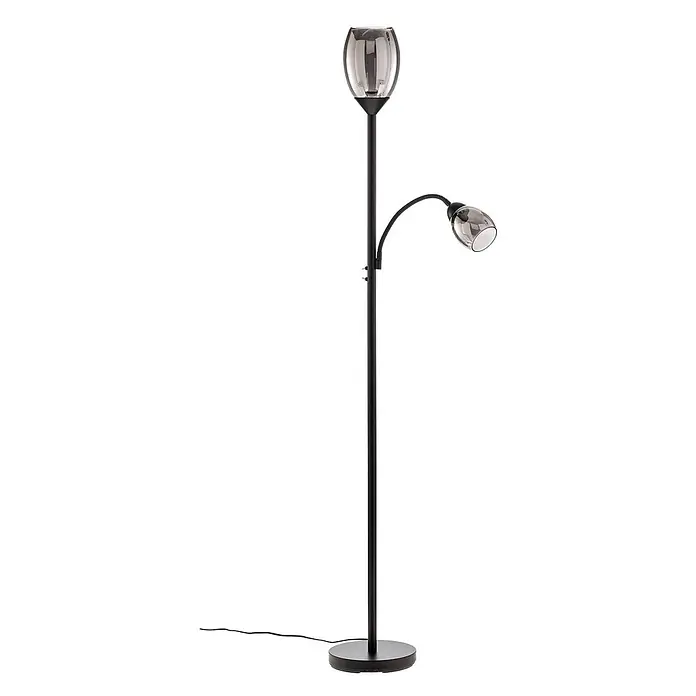 Lindby Stehleuchte Irmino - schwarz, schwarz, E27 - Schwarze Stehlampe aus Metall mit Uplight und verstellbarer Leseleuchte, mit Rauchglasschirmen.