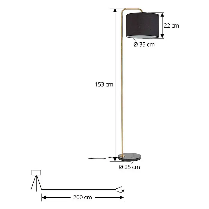Lindby Stehleuchte Hillary - Höhe: 153 cm, messing / gold, schwarz, E27 - Goldene Stehlampe mit schwarzem Stoffschirm, 153 cm hoch, mit 35 cm Durchmesser Schirm und rundem dunklem Sockel.