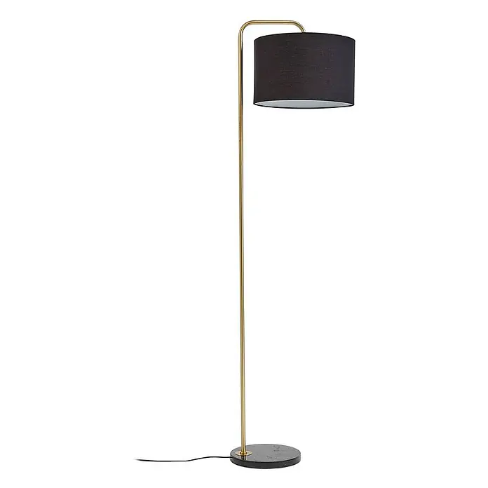 Lindby Stehleuchte Hillary - Höhe: 153 cm, messing / gold, schwarz, E27 - Goldene Stehleuchte mit schwarzem zylindrischem Schirm und dunklem rundem Fuß.