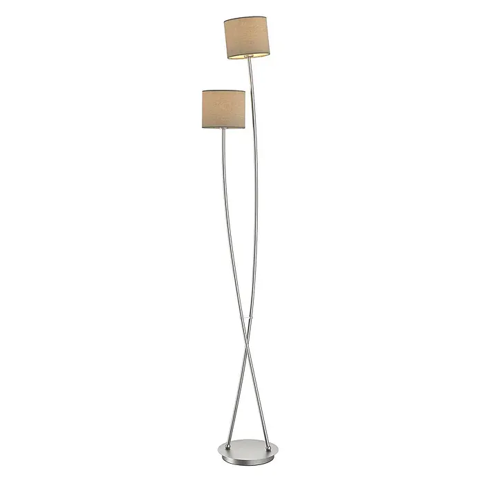 Lucande Stehleuchte Juljana - alu / grau / zink, creme / amber, E14 - Moderne Stehleuchte mit zwei hellbraunen Stoffschirmen an geschwungenen, gekreuzten Stäben aus satiniertem Nickel und rundem Fuß.