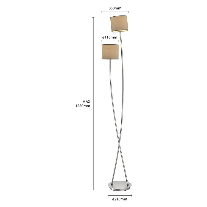 Lucande Stehleuchte Juljana - alu / grau / zink, creme / amber, E14 - Moderne Stehlampe mit zwei beigen Stoffschirmen und silbernem Metallgestell.