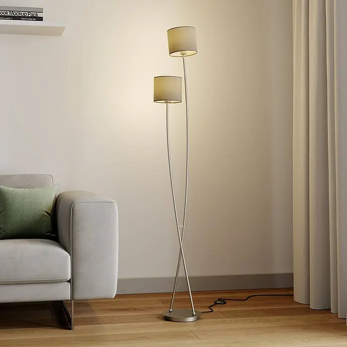 Lucande Stehleuchte Juljana - alu / grau / zink, creme / amber, E14 - Zweiflammige Stehleuchte mit beigen Stoffschirmen und gebogenem silbernen Gestell, spendet warmes Licht im Wohnzimmer.