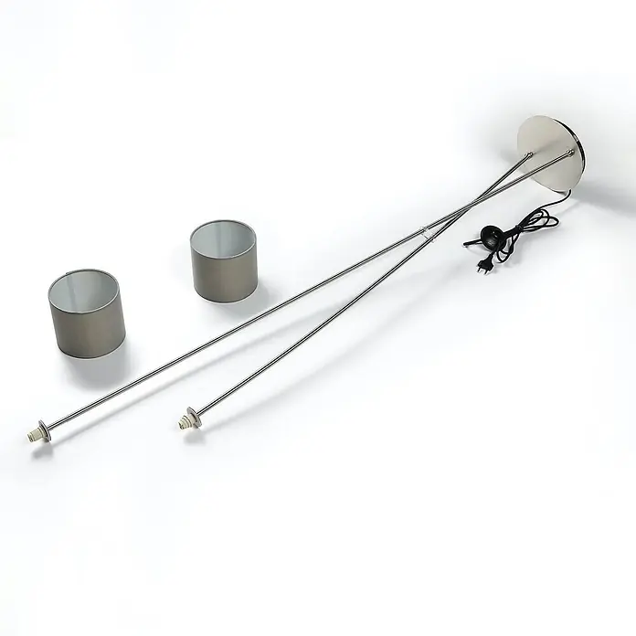 Lucande Stehleuchte Juljana - alu / grau / zink, creme / amber, E14 - Zerlegte Stehlampe: runder Metallsockel, zwei Silberstangen, zwei zylindrische Schirme und ein schwarzes Stromkabel mit Stecker und Schalter.