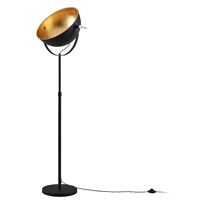 Lindby Stehleuchte Muriel - Höhe: 165 cm, schwarz, schwarz, E27 - Schwarze Stehlampe mit goldfarbener Innenseite und verstellbarem, schüsselförmigem Schirm auf rundem Fuß.