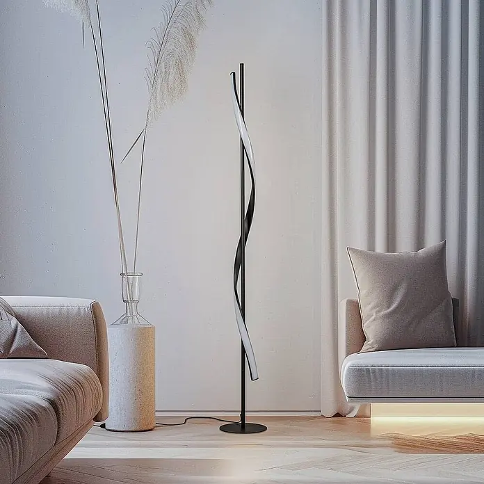 Lindby Stehleuchte Munja - Höhe: 150 cm, schwarz, schwarz - Moderne schwarze spiralförmige Stehlampe mit weißem LED-Streifen in einem modernen Wohnzimmer.