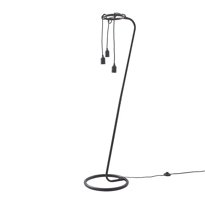 Lindby Stehleuchte Elira - Höhe: 150 cm, schwarz, schwarz, E27 - Dunkle Metall-Stehlampe mit rundem Fuß, abgewinkeltem Gestell und drei hängenden Glühbirnenfassungen.