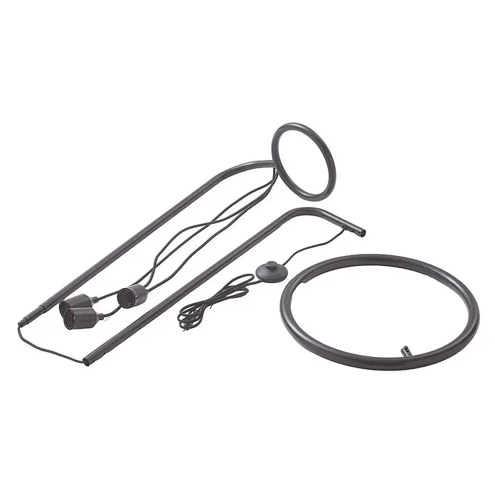 Lindby Stehleuchte Elira - Höhe: 150 cm, schwarz, schwarz, E27 - Zerlegte dunkle Metall-Stehlampe mit Rahmenstangen, zwei Ringen, Verkabelung, Fassungen und Fußschalter.
