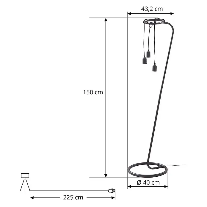 Lindby Stehleuchte Elira - Höhe: 150 cm, schwarz, schwarz, E27 - Schwarze Stehlampe mit drei hängenden Fassungen und rundem Fuß. 150 cm hoch, Basis Ø 40 cm.