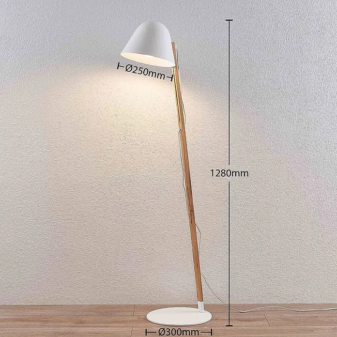 Lindby Stehleuchte Tetja - Höhe: 128 cm, Holz hell, weiß / opal, E27 - Moderne Stehleuchte mit weißem Metallschirm/-fuß, Holzständer. Höhe 1280mm, Schirm Ø250mm, Fuß Ø300mm.