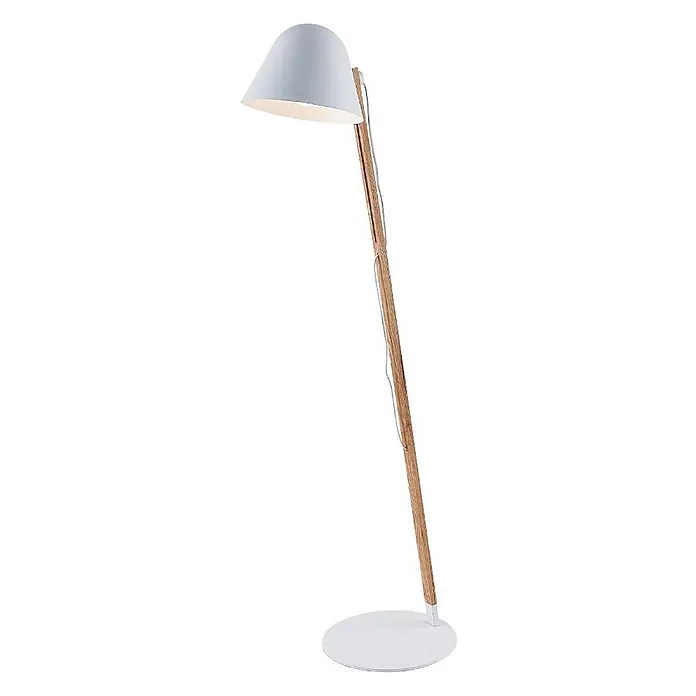 Lindby Stehleuchte Tetja - Höhe: 128 cm, Holz hell, weiß / opal, E27 - Stehlampe mit hellgrauem kegelförmigem Schirm, Holzständer und weißem Rundfuß.