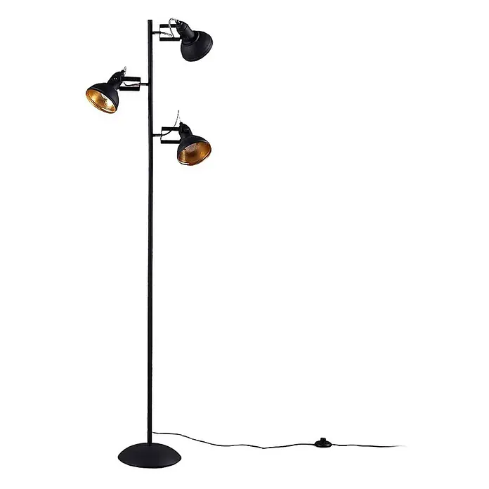 Lindby Stehleuchte Lilly - Höhe: 170 cm, schwarz, schwarz, E14 - Schwarze Stehlampe mit drei verstellbaren Strahlern, goldfarbenen Innenseiten, rundem Fuß und Kabel mit Fußschalter.