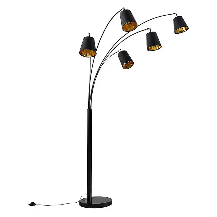 Lindby Stehleuchte Tinne - Höhe: 210 cm, schwarz, schwarz, E14 - Schwarze Fünf-Arm-Stehleuchte mit verstellbaren Schirmen und goldfarbenen Innenseiten.