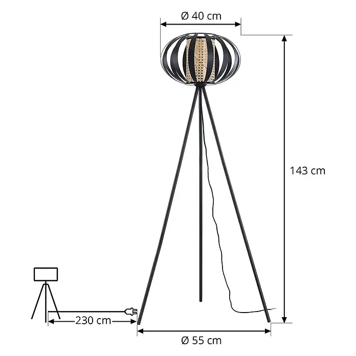 Lindby Stehleuchte Tamira - Höhe: 143 cm, schwarz, schwarz, E27 - Schwarze Metall-Tripod-Stehlampe mit Rattan-Schirm. Maße: 143 cm hoch, Ø 40 cm Schirm, Ø 55 cm Fuß, 230 cm Kabel.