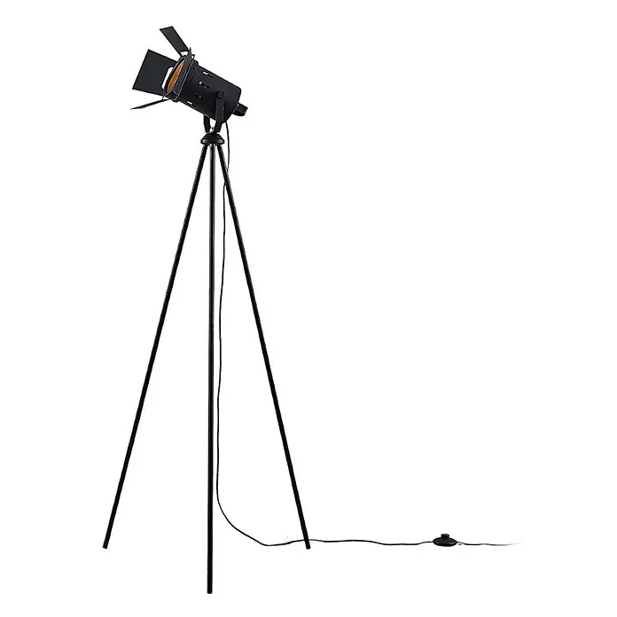Lindby Stehleuchte Devon - Höhe: 140 cm, schwarz, schwarz, E27 - Schwarze Stativ-Stehlampe mit Scheinwerferkopf und Fußschalter.