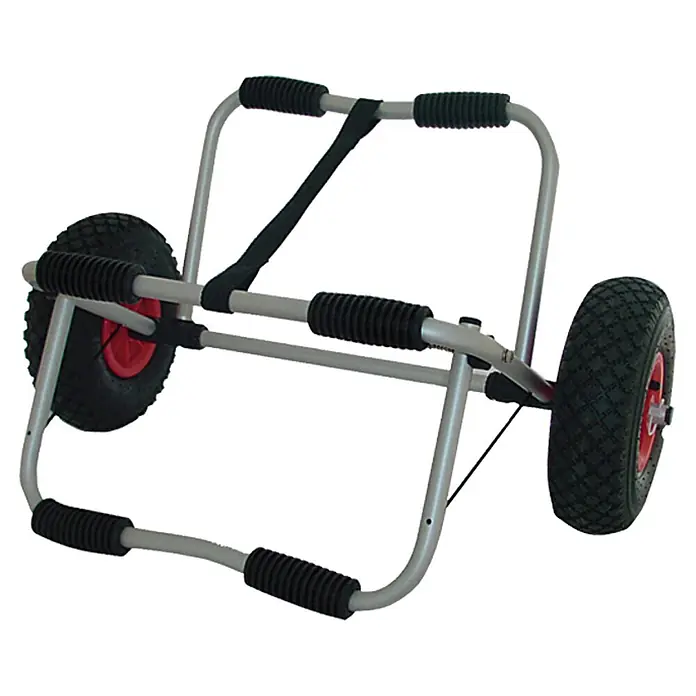 Kanuwagen - Mit Stütze, Klappbar - Abbildung eines Kajakwagens mit zwei Rädern und einer grauen Halterung. Ideal zum einfachen Transport von Kajaks.