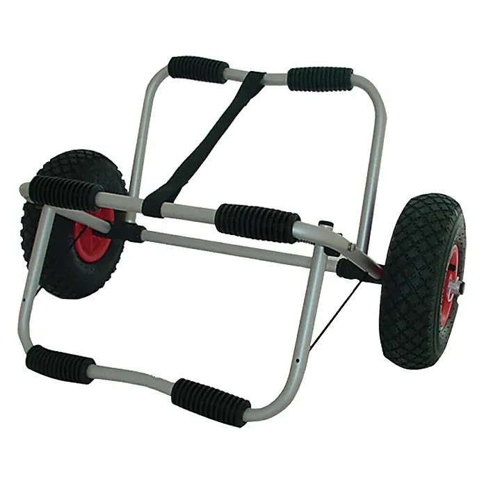 Kanuwagen - Mit Stütze, Klappbar - Abbildung eines Kajakwagens mit zwei Rädern und einer grauen Halterung. Ideal zum einfachen Transport von Kajaks.