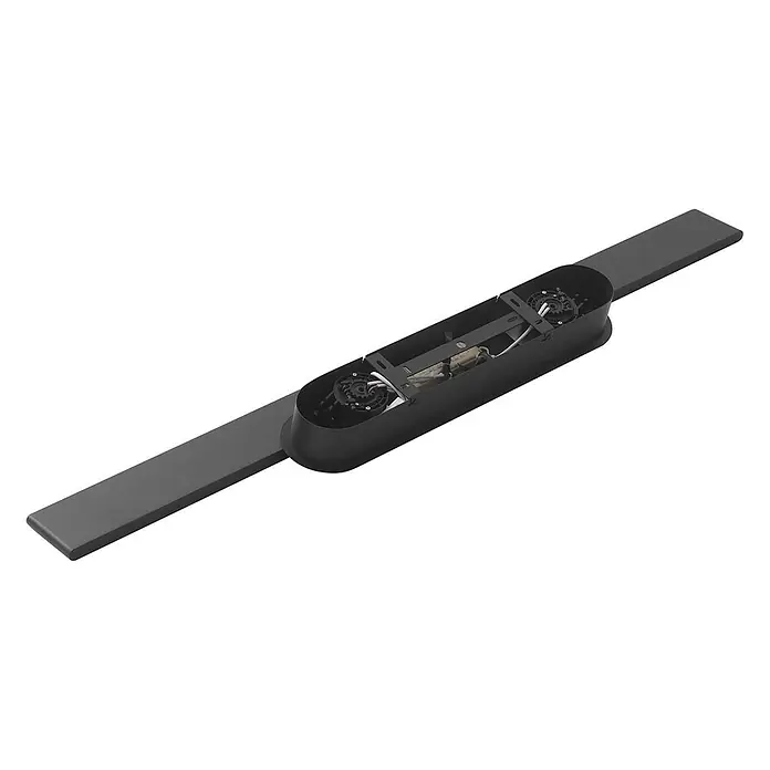 Lucande Pendelleuchte Philine - schwarz, sandSchwarz - Schwarze lineare Leuchte mit offener Mitte, die interne Verkabelung, LED-Module und Treiberkomponenten zeigt.