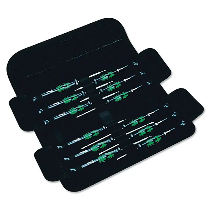 Wera Schraubendreher-Set Kraftform Micro - 12 -tlg. - Ein Set von Präzisionsschraubendrehern in einer schwarzen Tasche, ideal für Elektronikreparaturen und andere feine Arbeiten.