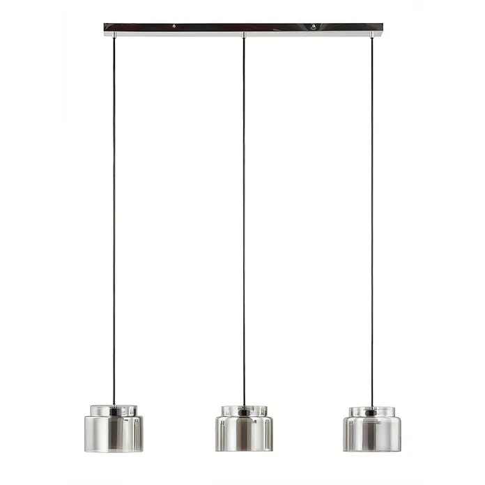Lucande Pendelleuchte Diano - alu / grau / zink, rauchgrau, chrom - Dreiflammige Pendelleuchte mit rechteckiger Chromschiene, schwarzen Kabeln und drei silberfarbenen zylindrischen Glasschirmen.