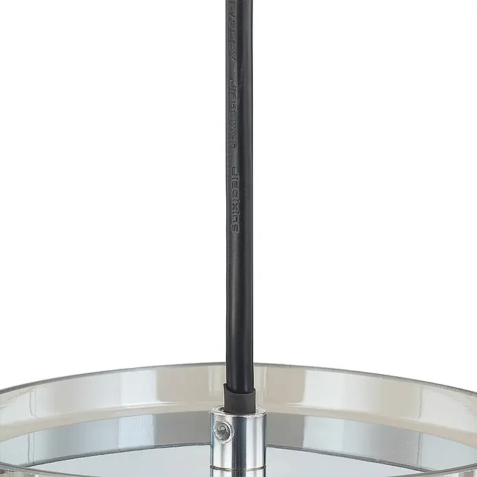 Lucande Pendelleuchte Diano - alu / grau / zink, rauchgrau, chrom - Schwarzes Kabel, das an ein silbernes Metallfitting und eine klare, runde Leuchtenkomponente angeschlossen ist.