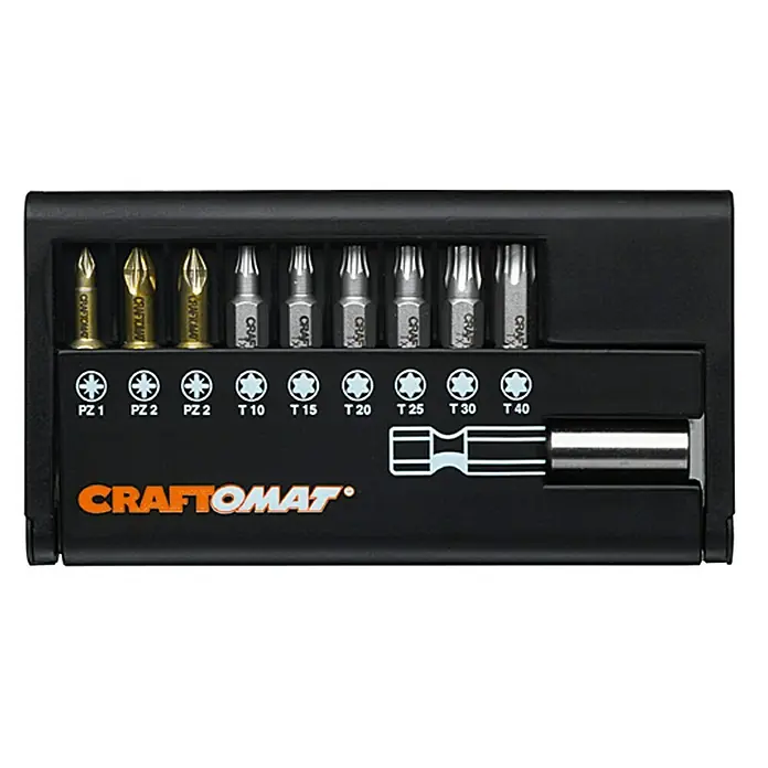 Craftomat Bit-Set - 10 -tlg. - Das Bild zeigt ein Craftomat-Bitset mit verschiedenen Schraubendreheraufsätzen in einer schwarzen Kunststoffbox.