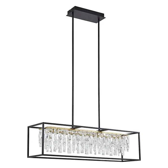 Lucande Pendelleuchte Kassi - klar / transparent, gold, kristall, Schwarz - Schwarzer rechteckiger Kronleuchter mit goldener Akzentstange und klaren Kristallprismen, an zwei Stangen hängend.