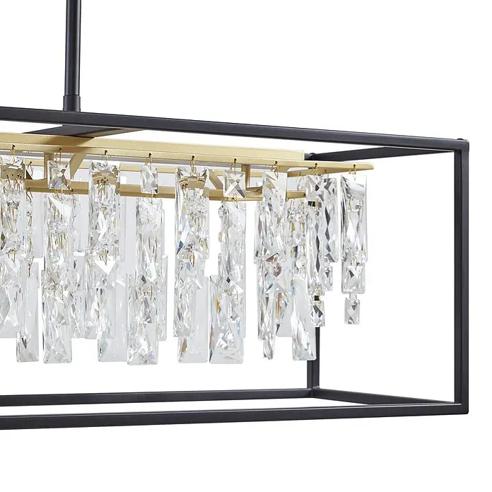 Lucande Pendelleuchte Kassi - klar / transparent, gold, kristall, Schwarz - Lineare Pendelleuchte mit schwarzem rechteckigem Rahmen, goldenen Akzenten und klaren Kristallprismen.
