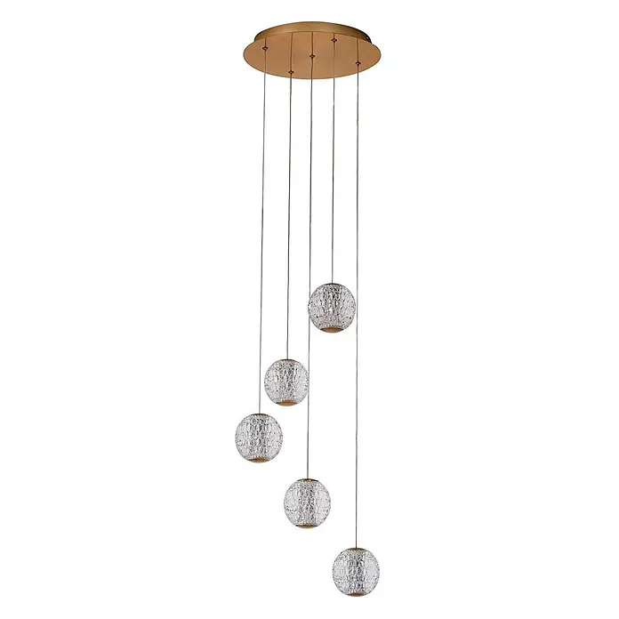 Lucande Pendelleuchte Ismenia - L x B x H: 11 x 11 x 12 cm, klar / transparent, messing antik, transparent - Mehrflammige Pendelleuchte mit goldener Deckenplatte und klaren, texturierten Glaskugelschirmen.