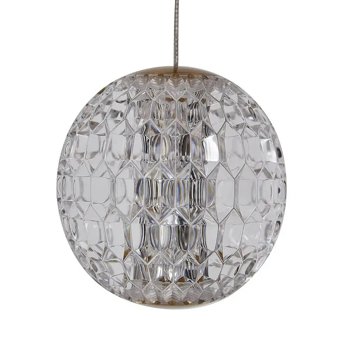 Lucande Pendelleuchte Ismenia - L x B x H: 11 x 11 x 12 cm, klar / transparent, messing antik, transparent - Klare, facettierte kugelförmige Pendelleuchte mit goldener Kappe, an einem Kabel hängend.