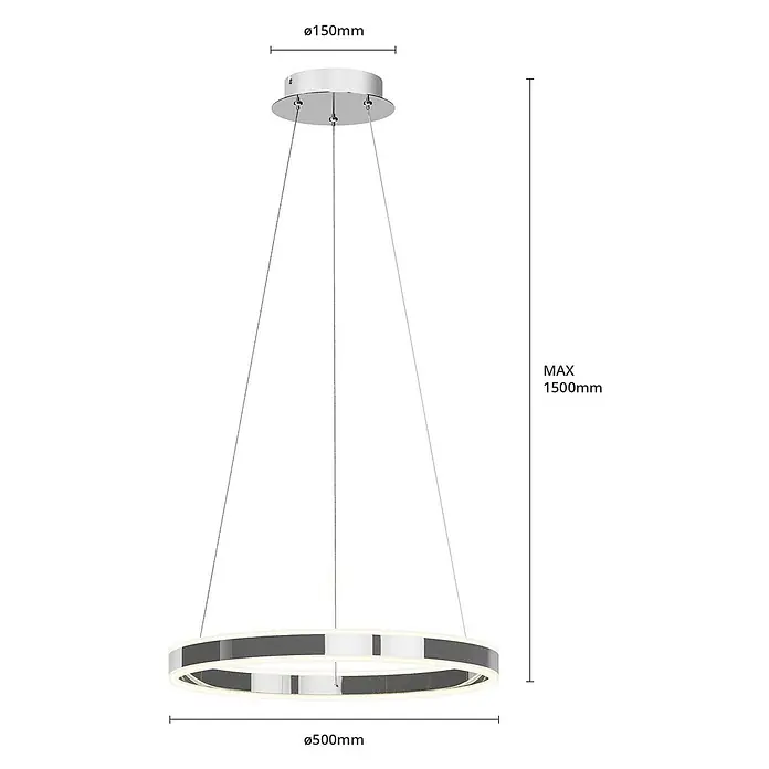 Lucande Pendelleuchte Lyani - chrom / silber, chrom, weiß satiniert - Runde LED-Pendelleuchte in Chromoptik mit beleuchtetem Ring und verstellbarer Aufhängung bis 1500 mm.