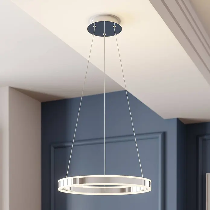 Lucande Pendelleuchte Lyani - chrom / silber, chrom, weiß satiniert - Moderne runde LED-Pendelleuchte aus Chrom, an der Decke hängend.