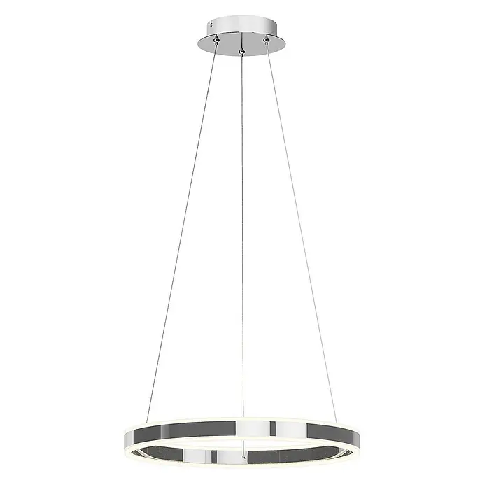 Lucande Pendelleuchte Lyani - chrom / silber, chrom, weiß satiniert - Moderne Chrom-LED-Pendelleuchte mit kreisförmigem beleuchtetem Ring, aufgehängt an dünnen Drähten von einer runden Deckenplatte.