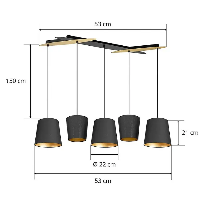 Lucande Pendelleuchte Thamila - schwarz, Schwarz, gold, messing, E27 - Fünfflammige Pendelleuchte mit schwarzen Stoffschirmen und goldener Innenseite, aufgehängt an einer schwarz-goldenen Deckenstange. Maße: 53x150 cm.