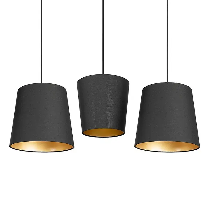 Lucande Pendelleuchte Thamila - schwarz, Schwarz, gold, messing, E27 - Drei dunkelgraue Stoff-Pendelleuchten mit goldenen Innenseiten, hängend.