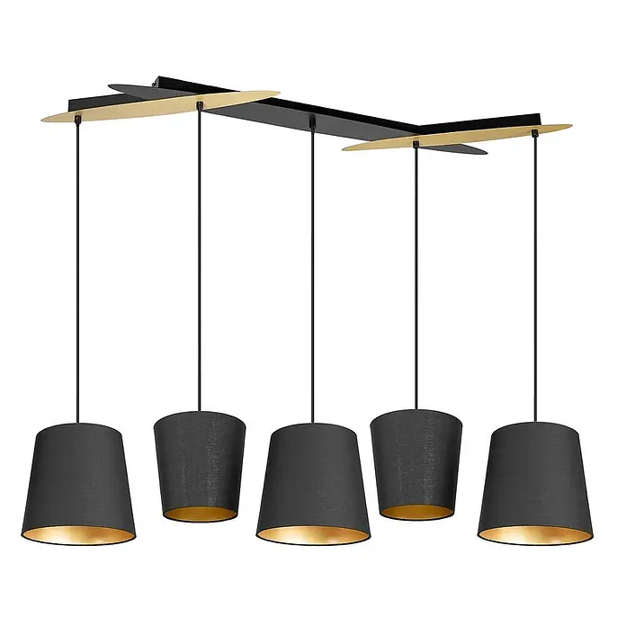 Lucande Pendelleuchte Thamila - schwarz, Schwarz, gold, messing, E27 - Moderne schwarze 5-flammige Pendelleuchte mit goldfarbenen Akzenten und schwarzen Stoffschirmen mit goldenen Innenseiten.