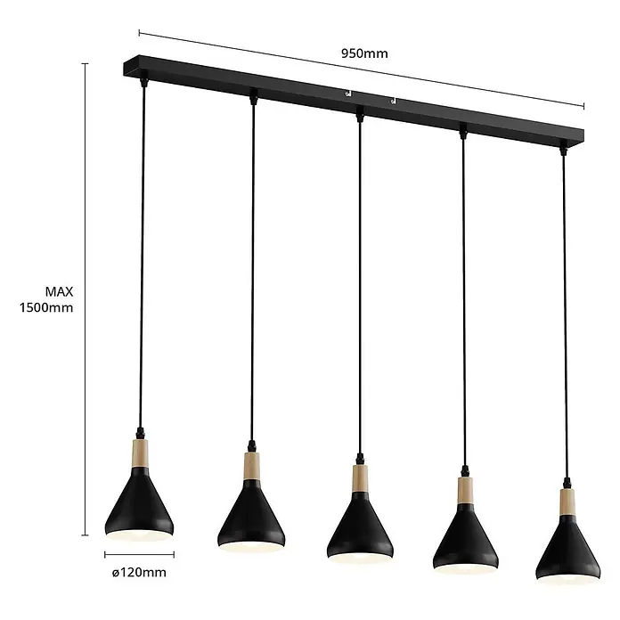 Lindby Pendelleuchte Arina - L x B x H: 100 x 12 x 17 cm, schwarz, Schwarz, holz hell, E14 - Fünfflammige schwarze Pendelleuchte mit rechteckiger Schiene und konischen Schirmen, mit Holzdetails.