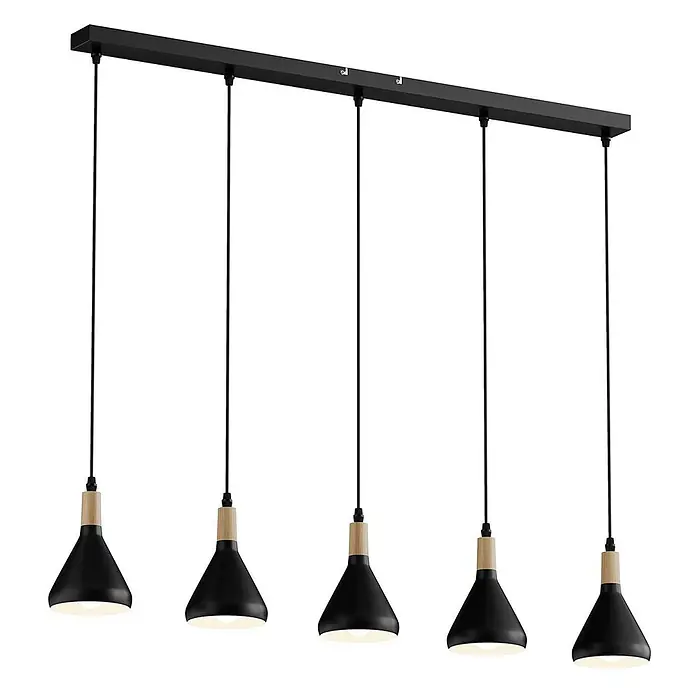 Lindby Pendelleuchte Arina - L x B x H: 100 x 12 x 17 cm, schwarz, Schwarz, holz hell, E14 - Schwarze lineare Pendelleuchte mit fünf konischen Schirmen und Akzenten aus Naturholz.