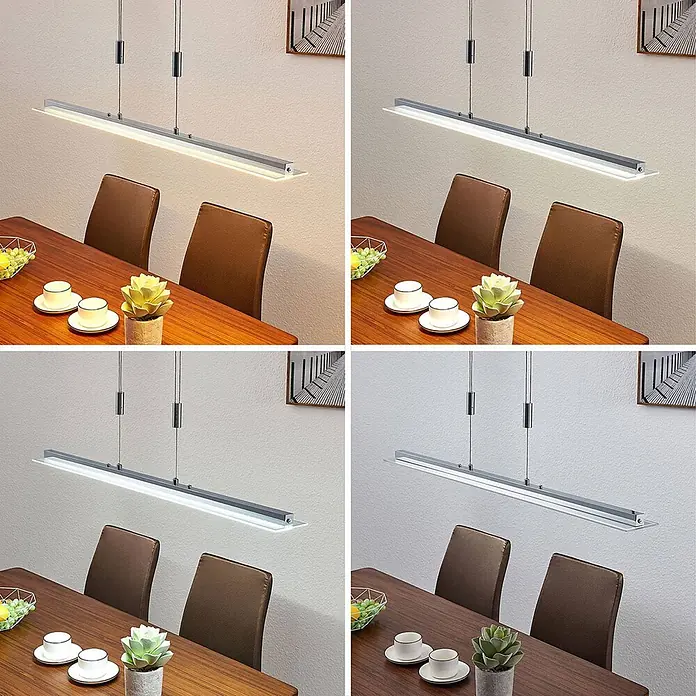 Lindby Pendelleuchte Sladja - L x B x H: 100 x 10 x 4 cm, chrom, satiniert, klar - Lineare LED-Pendelleuchte aus gebürstetem Metall mit klarer Abdeckung, beleuchtet einen Esstisch mit verschiedenen Lichttemperaturen.