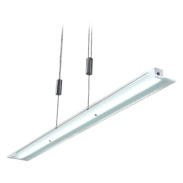 Lindby Pendelleuchte Sladja - L x B x H: 100 x 10 x 4 cm, chrom, satiniert, klar - Schlanke lineare Pendelleuchte mit silberfarbenem Rahmen und matter Abdeckung, an Kabeln aufgehängt.