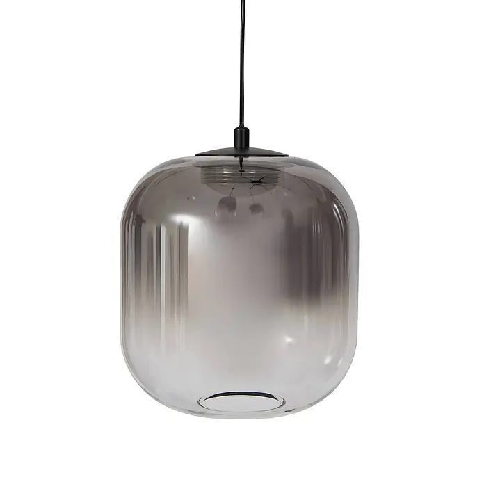Lucande Pendelleuchte Avelina - L x B x H: 77 x 77 x 17 cm, alu / grau / zink, rauchgrau, Schwarz - Hängeleuchte aus Rauchglas mit grauem Farbverlauf, aufgehängt an einem schwarzen Kabel.