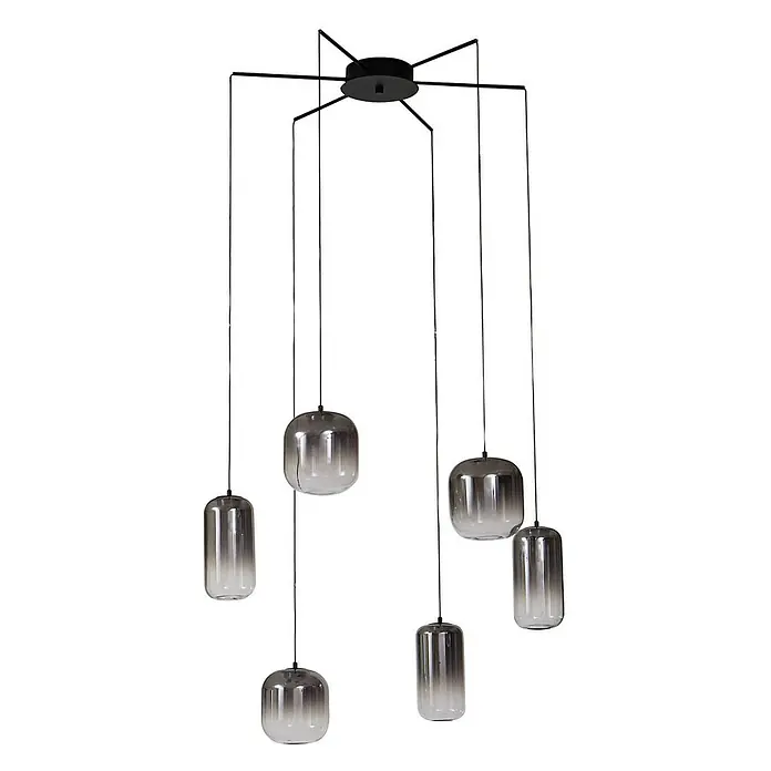 Lucande Pendelleuchte Avelina - L x B x H: 77 x 77 x 17 cm, alu / grau / zink, rauchgrau, Schwarz - Schwarze Mehrfach-Pendelleuchte mit sechs gerippten Rauchglas-Schirmen.
