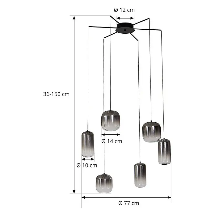 Lucande Pendelleuchte Avelina - L x B x H: 77 x 77 x 17 cm, alu / grau / zink, rauchgrau, Schwarz - Sechsflammige Pendelleuchte mit schwarzer Deckenhalterung und Kabeln, mit rauchfarbenen, graduierten Glasschirmen in Zylinder- und Rundformen.