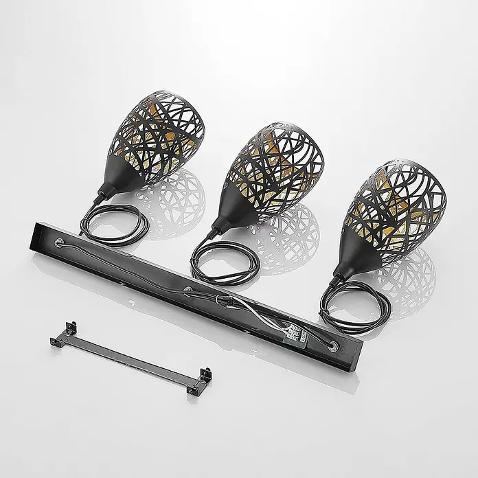 Lindby Pendelleuchte Marcello - L x B x H: 74,5 x 15 x 24 cm, schwarz, Schwarz, gold, E27 - Drei schwarze Metall-Käfigpendelleuchten mit goldenem Interieur und einer schwarzen Montageschiene mit Verkabelung.