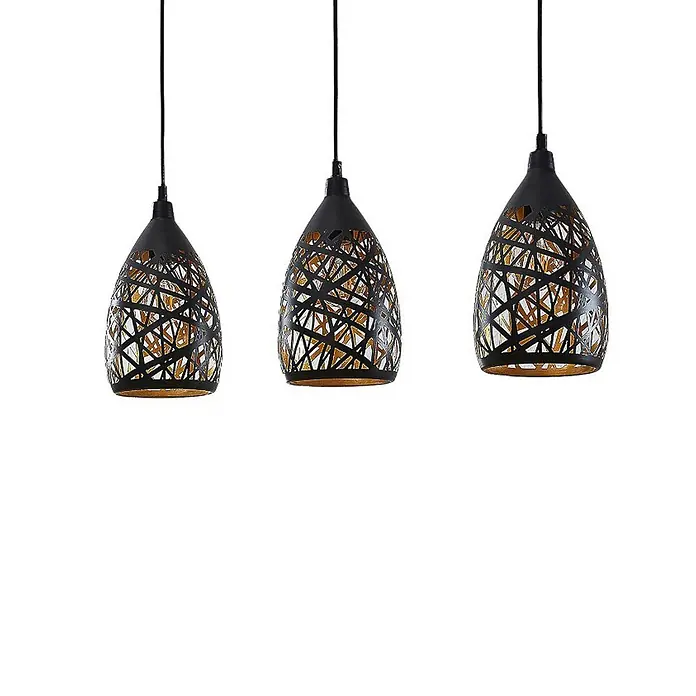 Lindby Pendelleuchte Marcello - L x B x H: 74,5 x 15 x 24 cm, schwarz, Schwarz, gold, E27 - Drei schwarze Metall-Pendelleuchten mit geometrischem Cutout-Muster, die ein warmes goldenes Inneres zeigen.