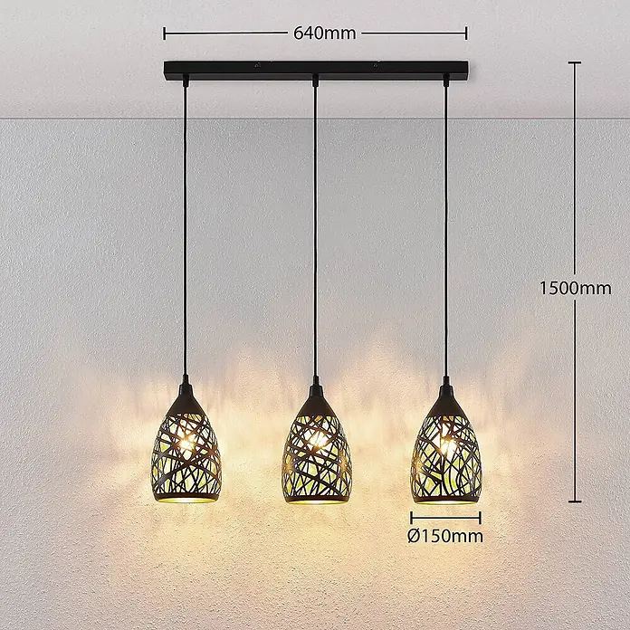 Lindby Pendelleuchte Marcello - L x B x H: 74,5 x 15 x 24 cm, schwarz, Schwarz, gold, E27 - Schwarze Metall-Pendelleuchte mit drei Leuchten und dekorativen, durchbrochenen Tropfenschirmen, die warmes Licht abgeben.