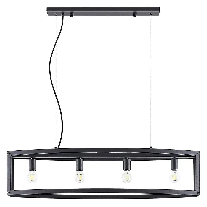 Lindby Pendelleuchte Mizgin - L x B x H: 110 x 25 x 25 cm, schwarz, Schwarz, E27 - Schwarze rechteckige Pendelleuchte mit offenem Rahmen und vier sichtbaren Glühbirnen, aufgehängt an dünnen Drähten und einem schwarzen Kabel.